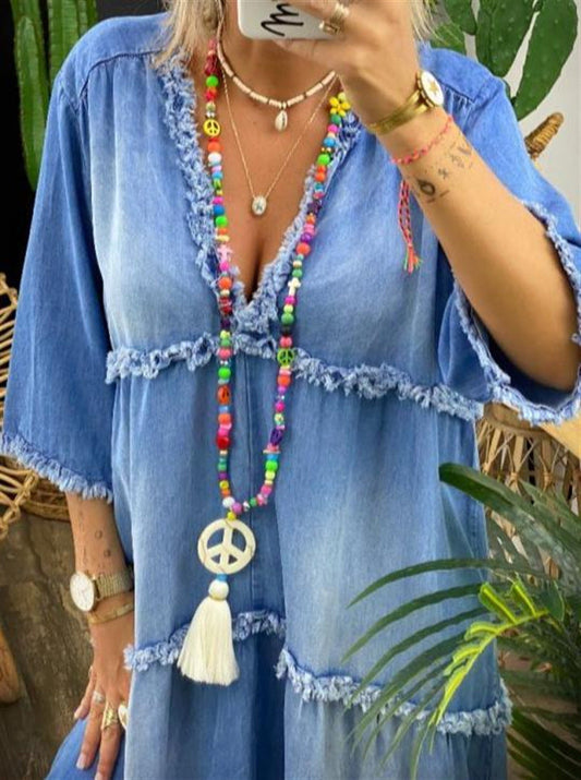 Boho šaty Zarusova do A - inspirace s modrým potiskem